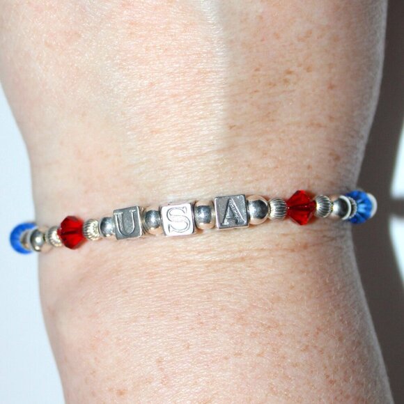 Sterling Silver Handmade USA Fourth of July Beaded Bracelet - Picture 5 of 6